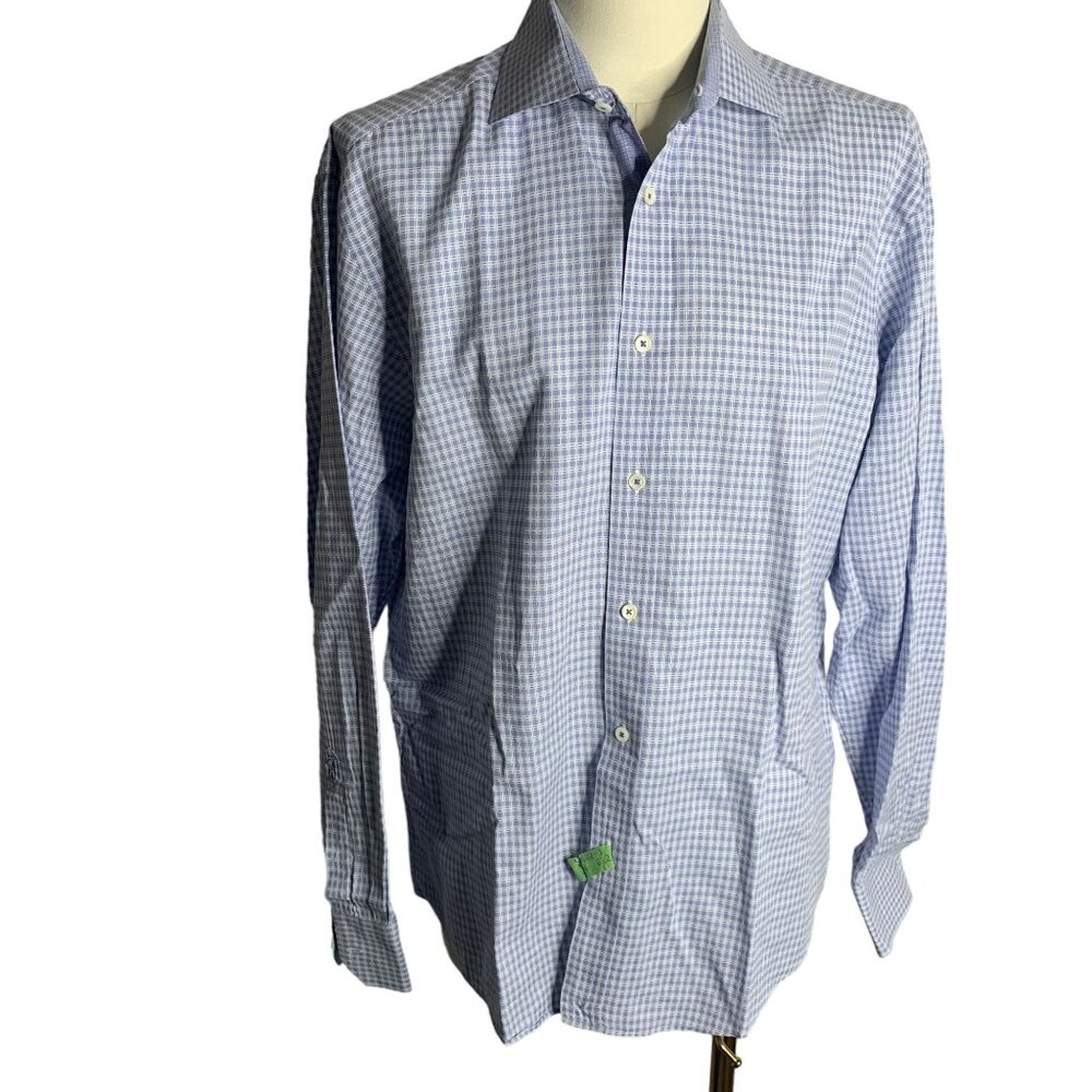 Bugatchi Shaped Fit Button Up Shirt L Blue White Checkered Long Sleeve Cotton